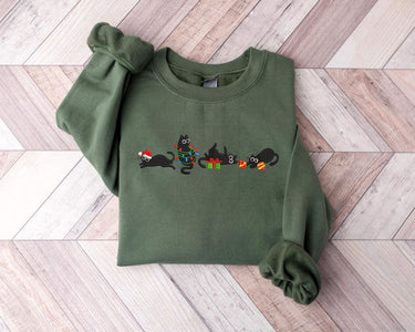 Christmas Cute Cat Embroidered Sweatshirt | Embroidered Funny Christmas Hoodie |Christmas Cute Cat Sweater | Cat Lover Crew Neck Sweatshirt